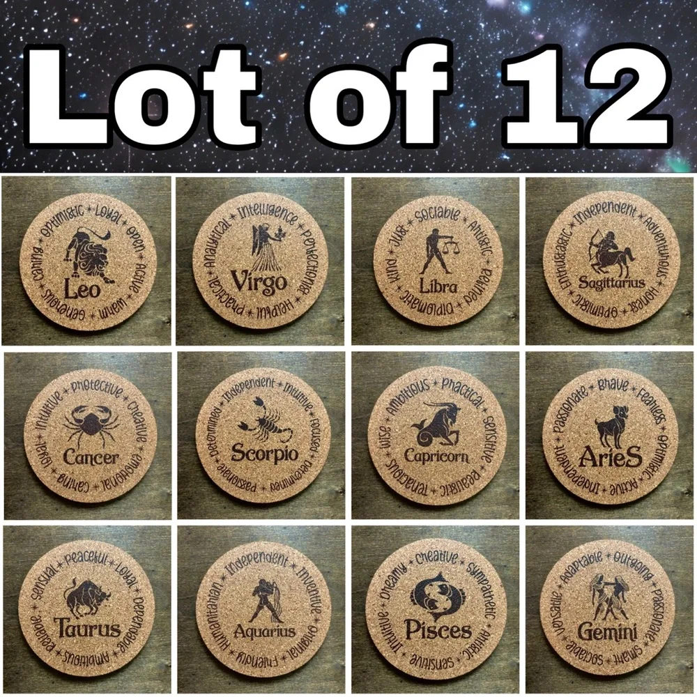 Zodiac Signs Encircled Cork Coasters Lot of 12